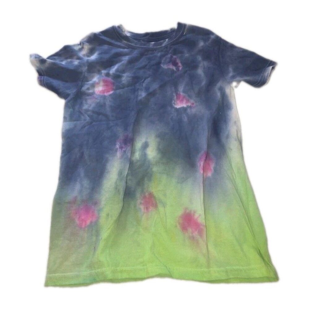 Custom Hand-Dyed Tie Dye T-Shirt Blue Green Neon Pink Splatter Short Sleeve Tee